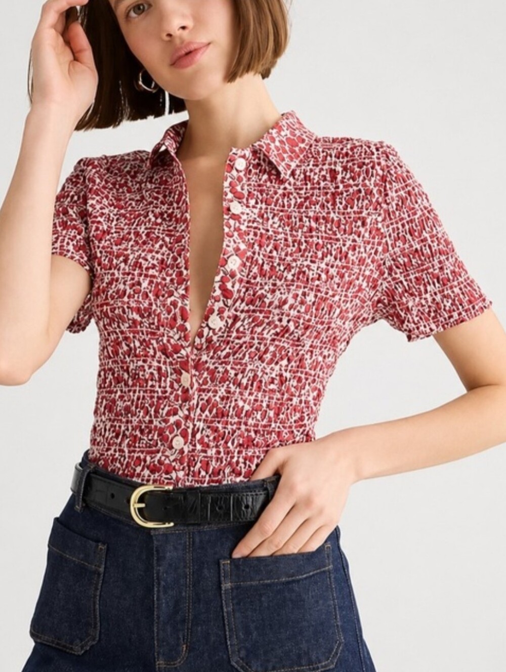 NEW J Crew Liberty Fabric Smocked Button Up Blouse Eliza's Red Floral Medium